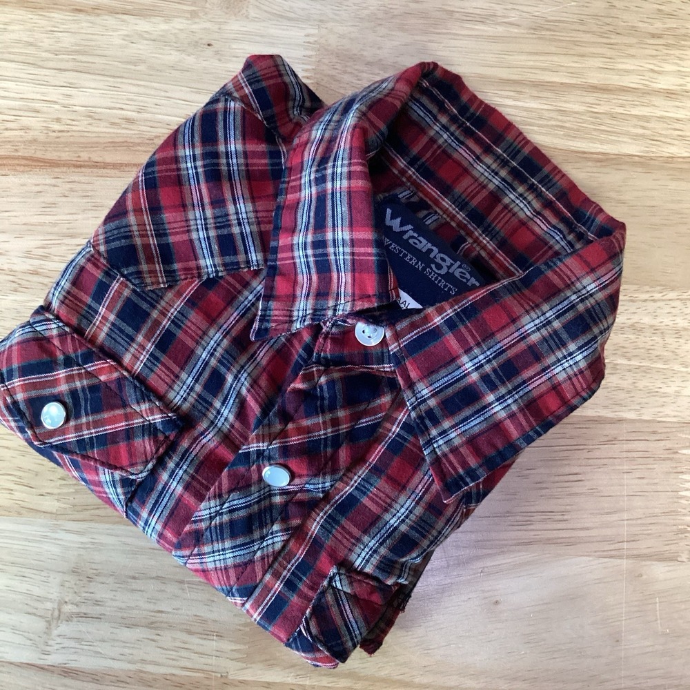 EUC Boy Wrangler Western Red Plaid Long Sleeve Shirt Pearl‎ Snap Buttons S 5/6